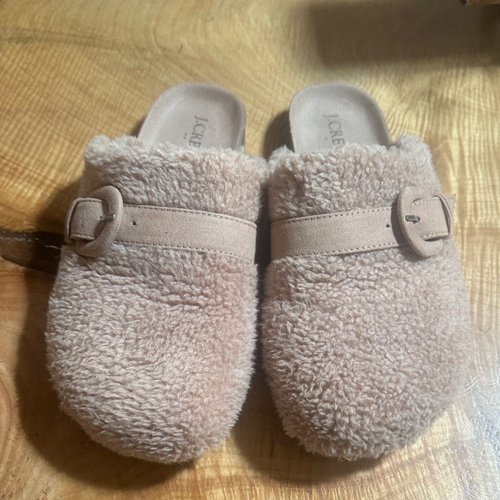 J. Crew Plush Sherpa Tan clogs Slippers with Buckle
